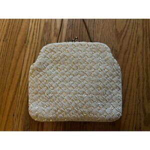 Vintage 1950s Small White Beaded Clutch Richere Bag by Walborg with Gold Top Cha